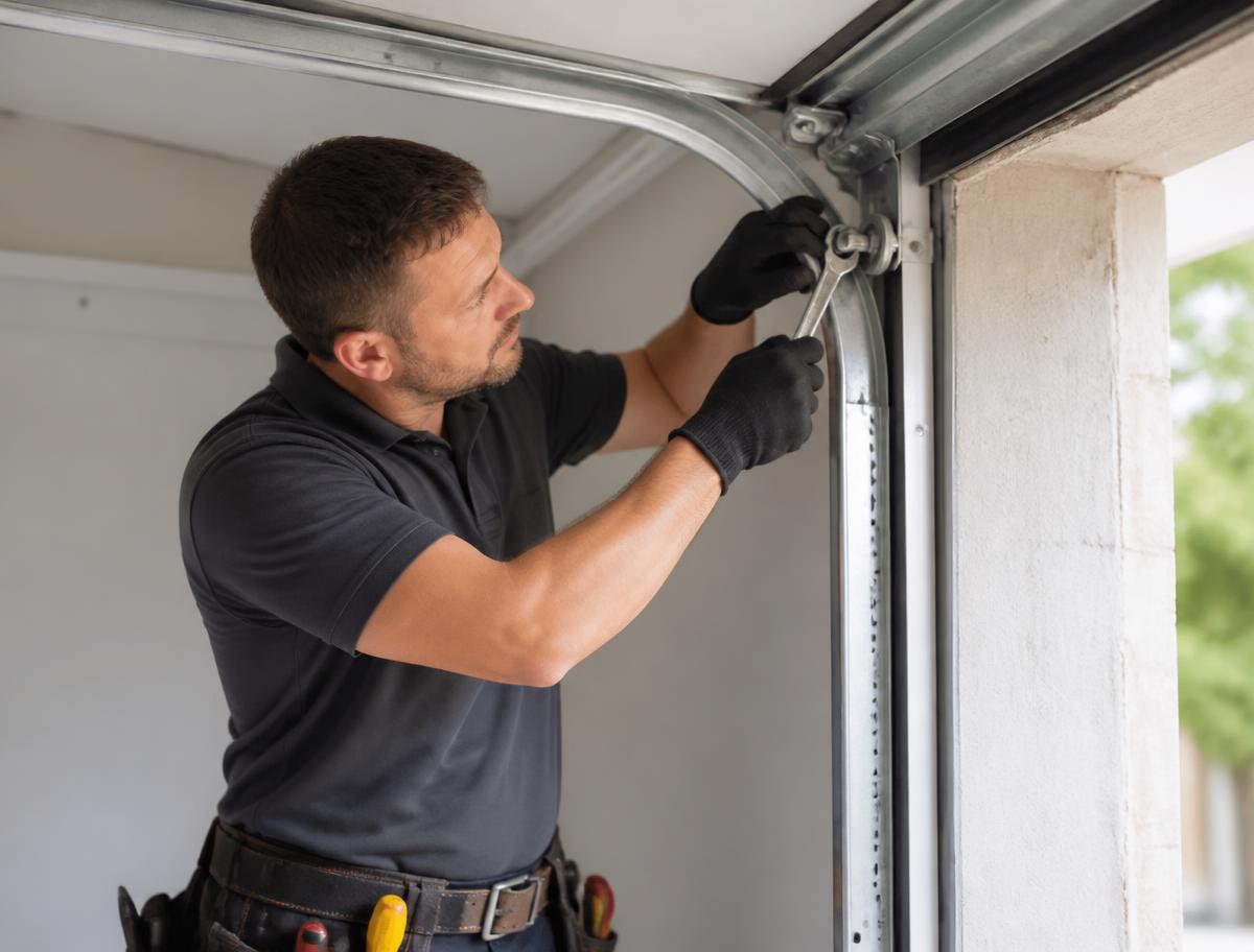 Hanover Lift technician adjusting a garage door roller and track